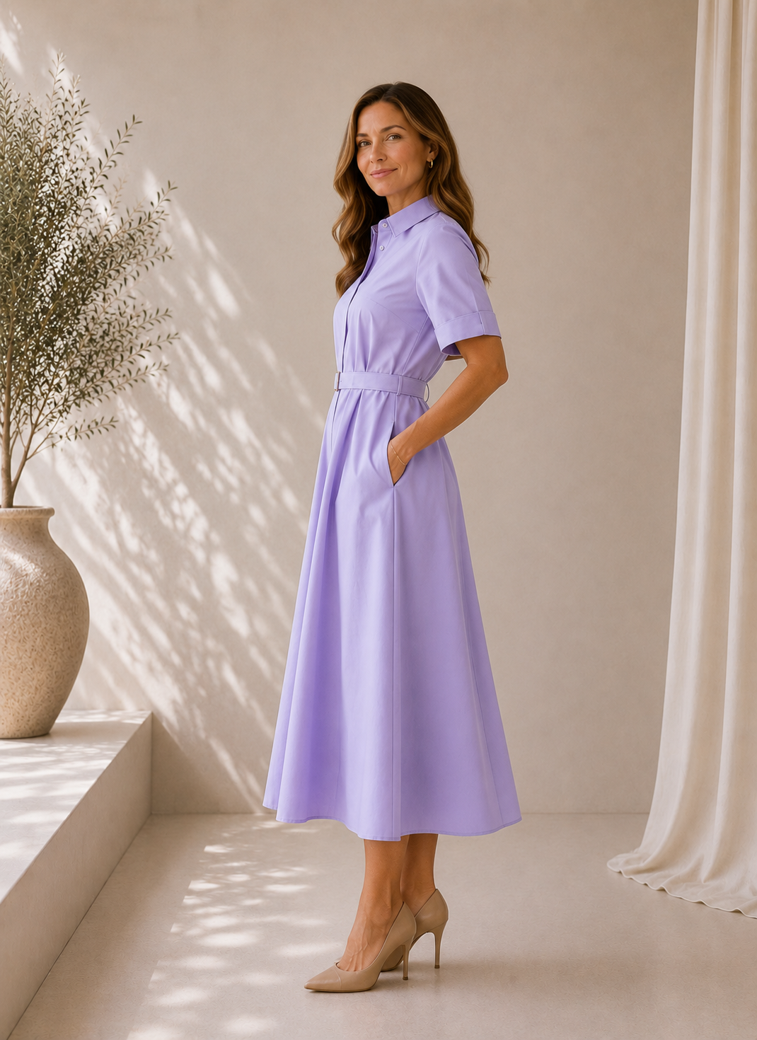 Eleganta kokvilnas kleita maigā lavandas tonī