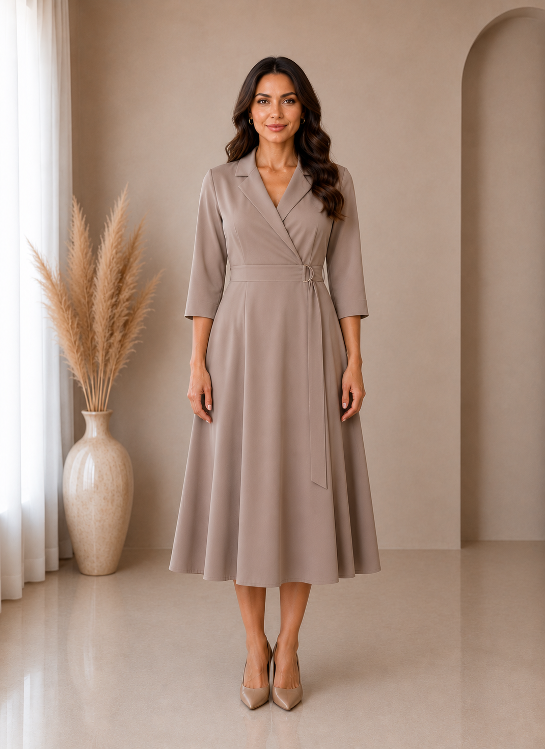 Eleganta midi kleita taupe krāsa