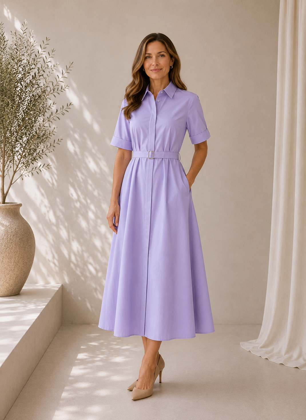 Eleganta kokvilnas kleita maigā lavandas tonī