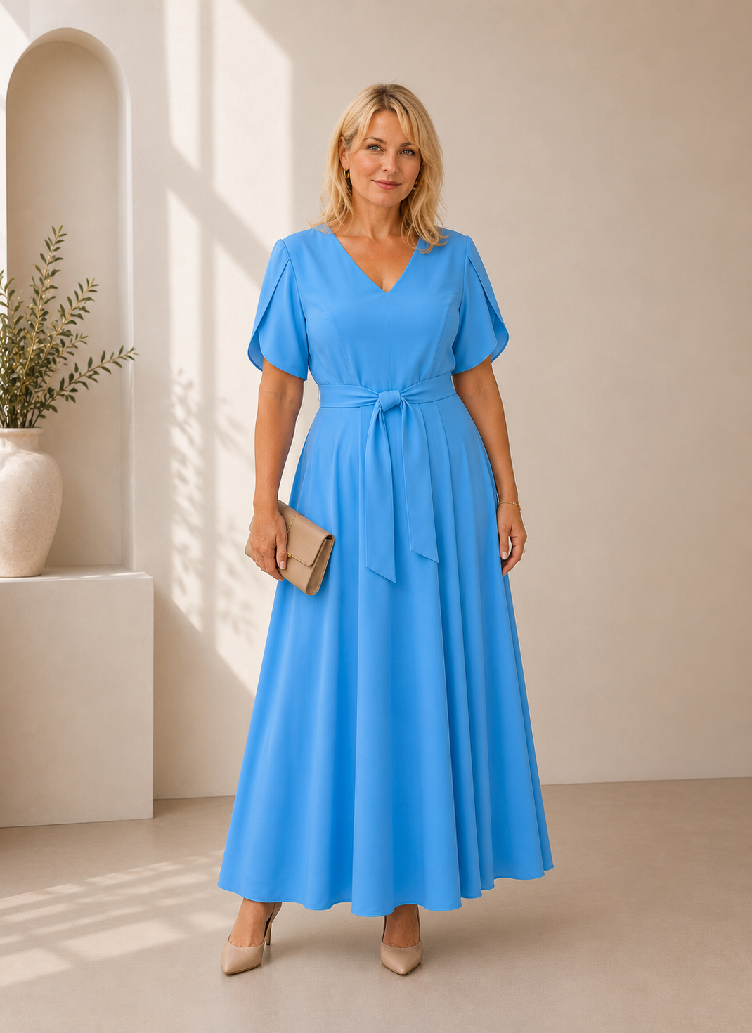Eleganta gara kleita gaiši zila tonī