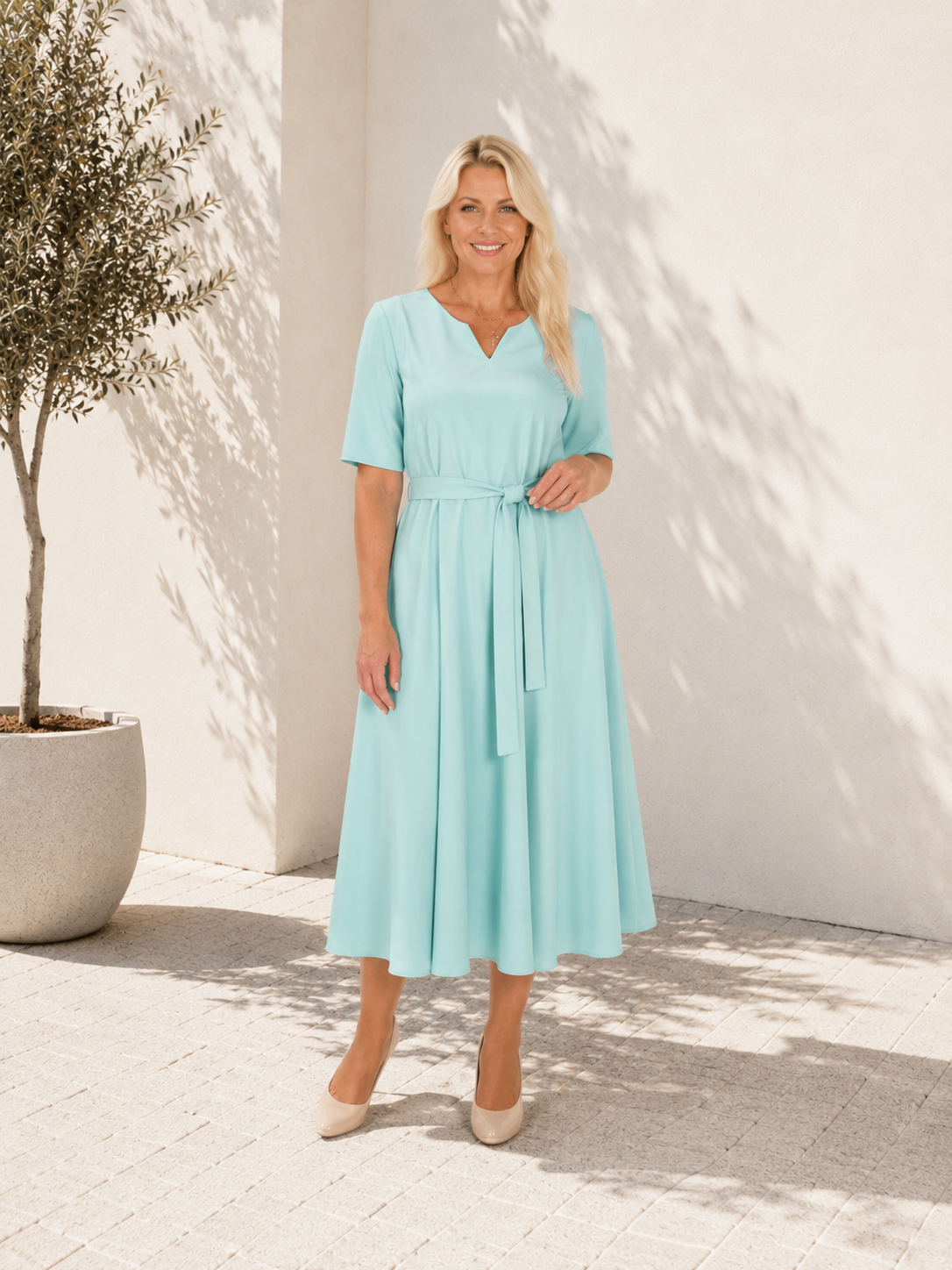 Eleganta midi kleita ar jostu (2 krāsas)