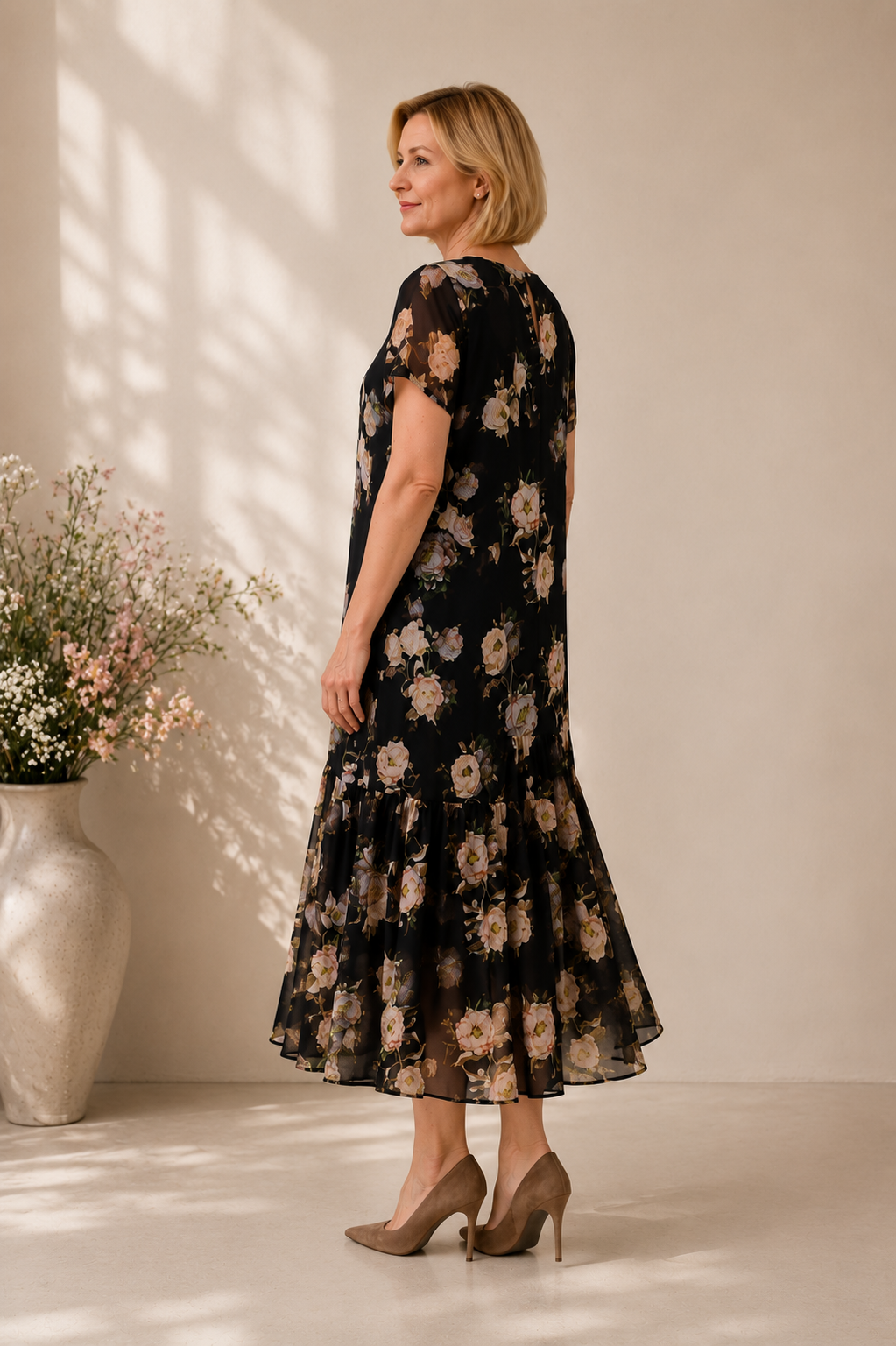 Eleganta kleita ar romantisku ziedu rakstu