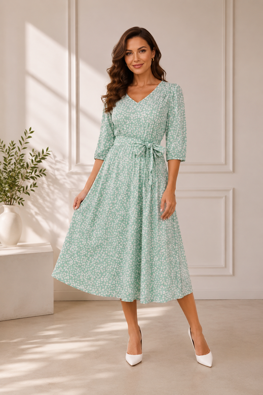 Eleganta midi kleita ar smalku ziedu rakstu