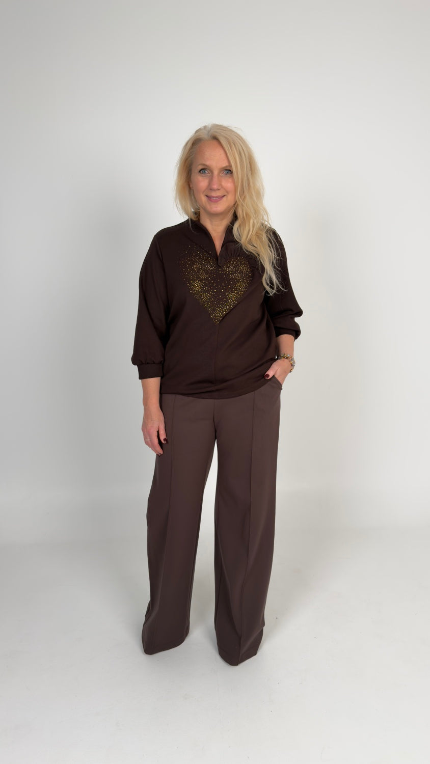 Šokolādes krāsas trikotāžas augša ar spīglīšiem