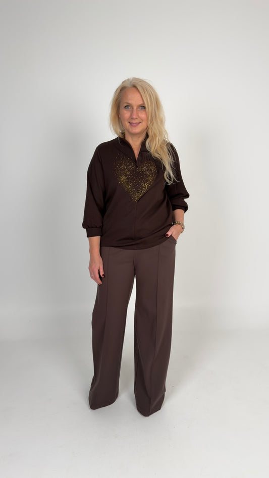 Šokolādes krāsas trikotāžas augša ar spīglīšiem