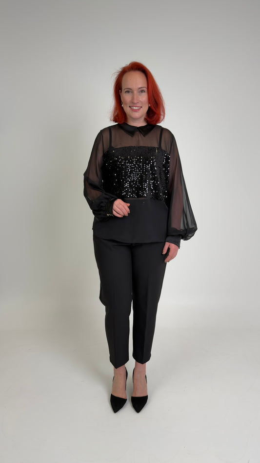 Melna šifona blūze ar fliteriem