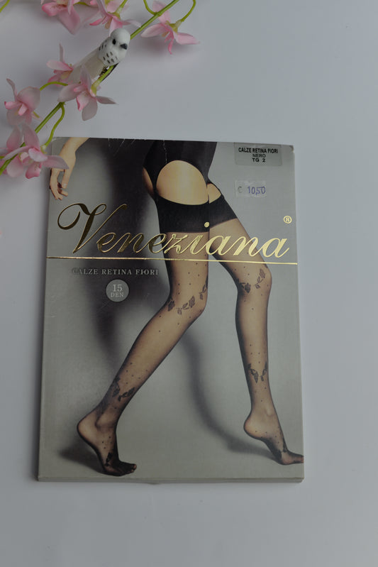 Garās zeķes melnas ar puķēm un punktiņiem 15DEN